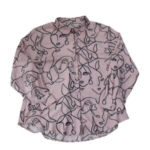 Shein Curve Pink Abstract Face Print Button Front Blouse 4XL (Fits XL XXL)